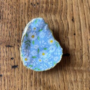 Blue Floral Decoupaged Oyster Shell Trinket Dish with Gold Edge